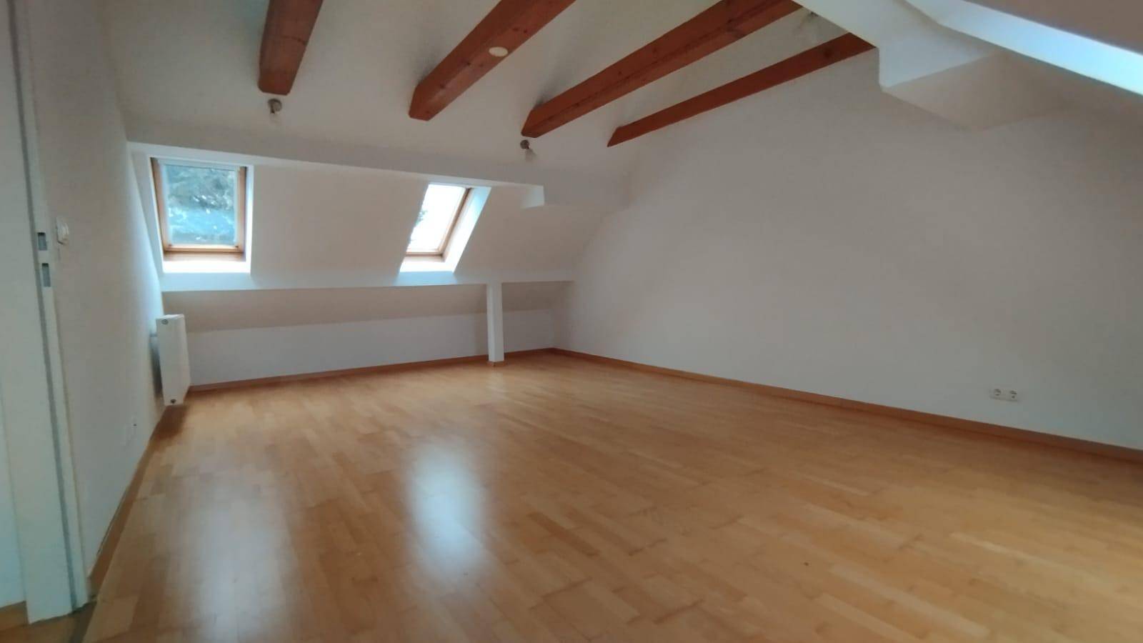 Großes Dachzimmer mit sichtbaren Holzbalken, Parkettboden und zwei Dachfenstern.