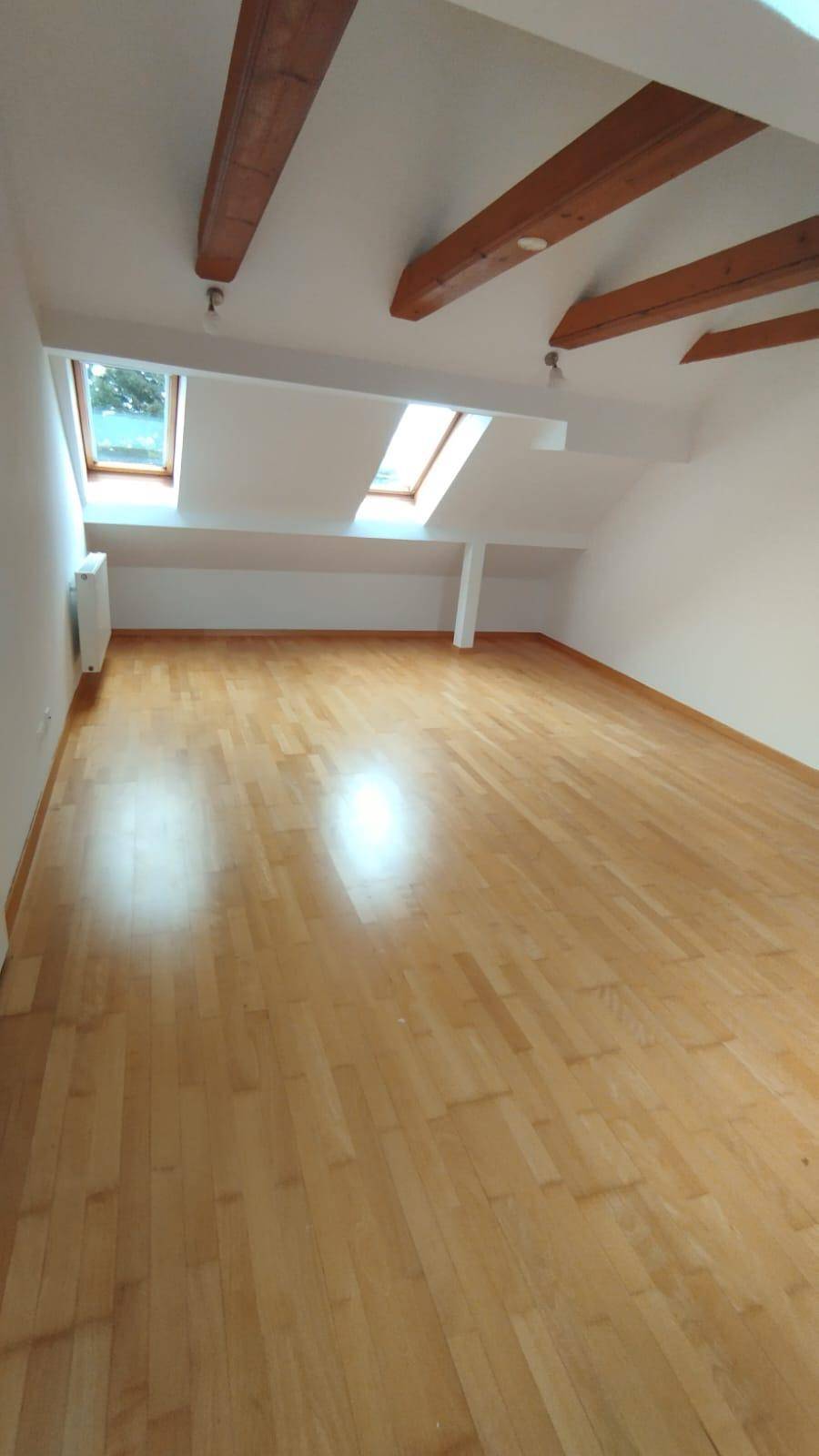 Großes Dachzimmer mit sichtbaren Holzbalken, Parkettboden und zwei Dachfenstern.