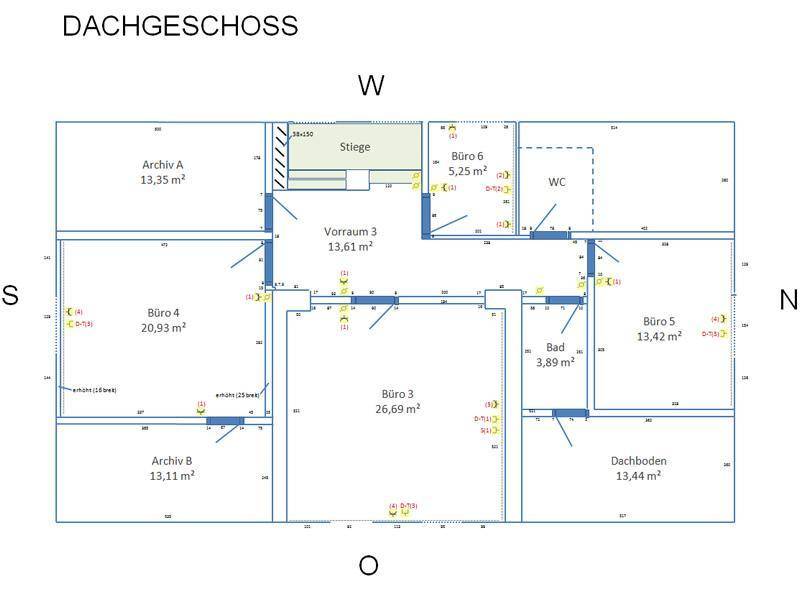 Grundriss des Dachgeschosses mit Büros, Archivräumen, einem Badezimmer und einem Vorraum.