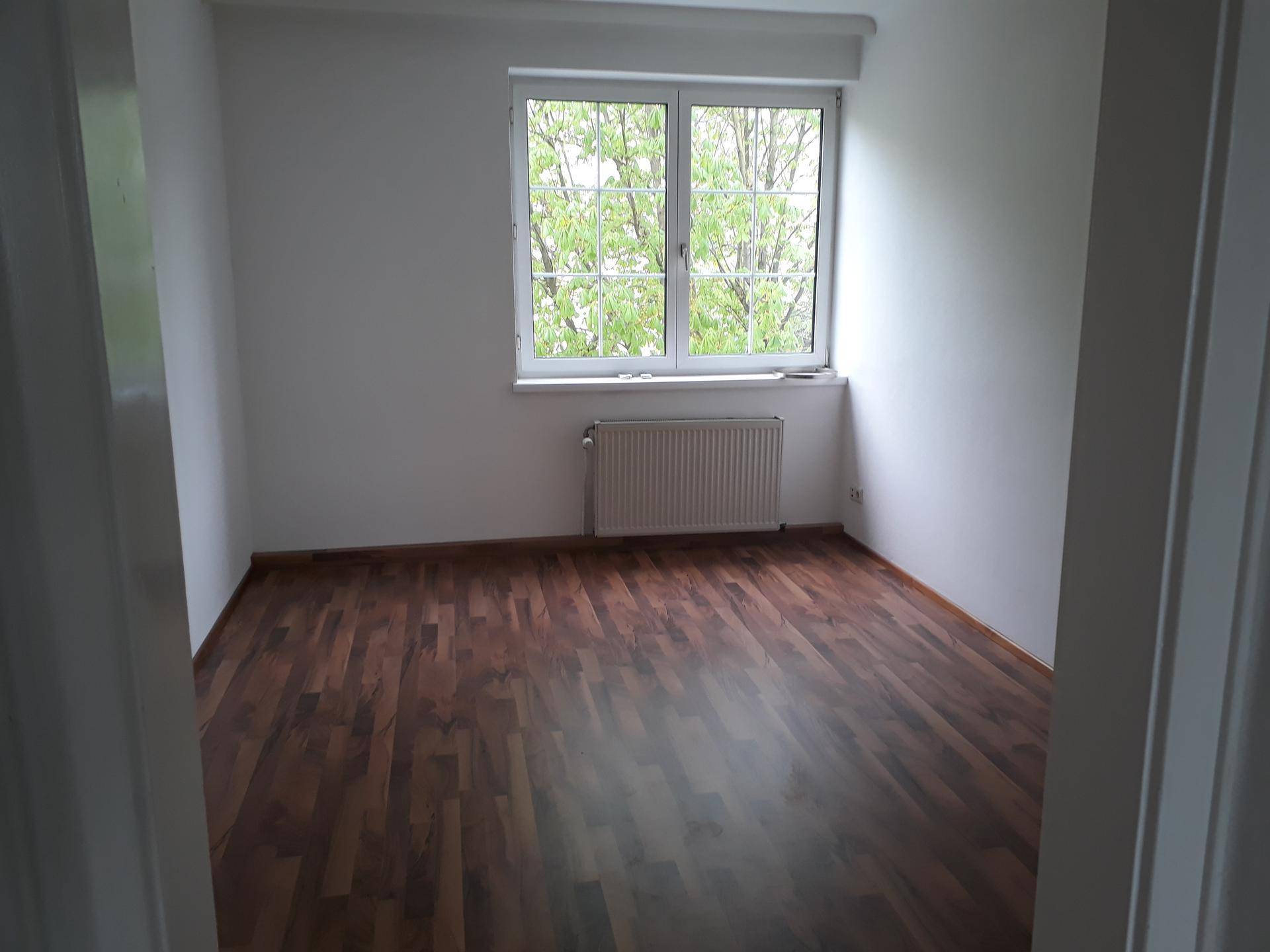 Leerer Raum mit Laminatboden, weiß gestrichenen Wänden und einem Fenster mit Blick ins Grüne.