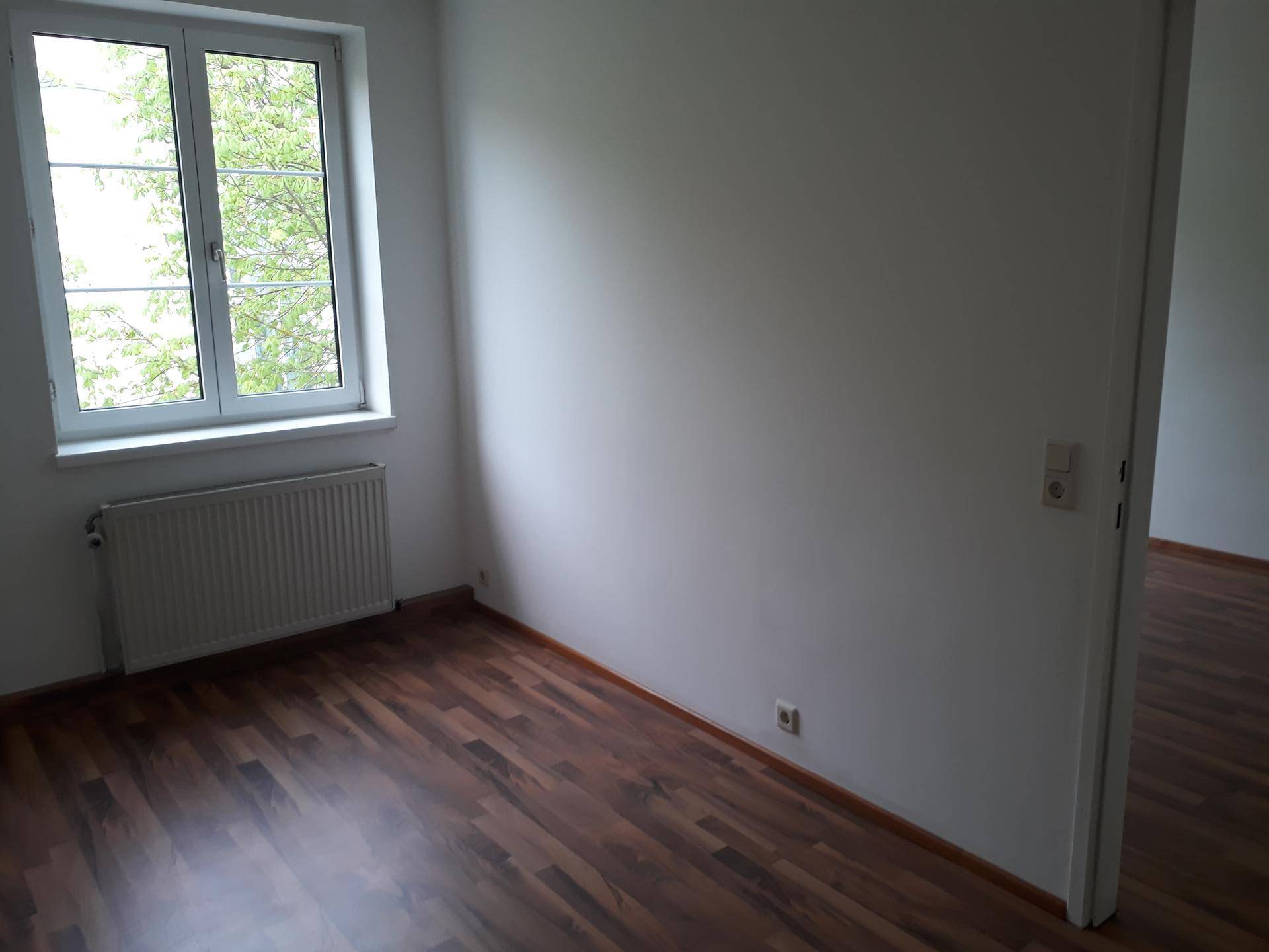 Heller, leerer Raum mit Laminatboden, weißen Wänden und einem Fenster mit Blick auf Bäume.