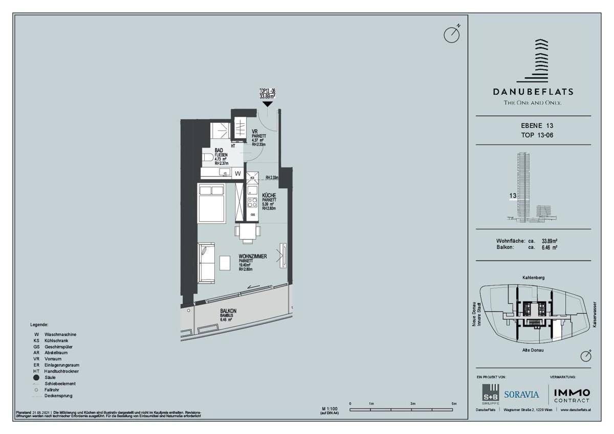 Grundriss einer Wohnung im 13. Stock mit Balkon und offener Wohnküche.