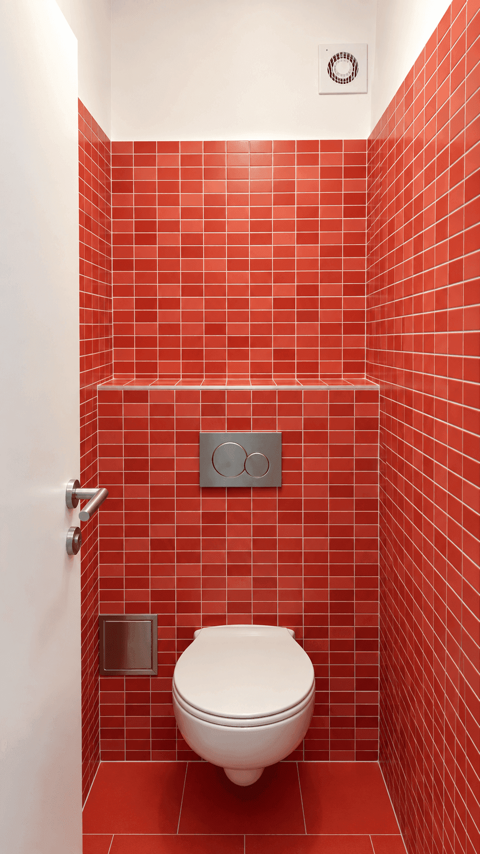 Separates WC mit leuchtend roten Fliesen, wandhängender Toilette und Abluftventilator.