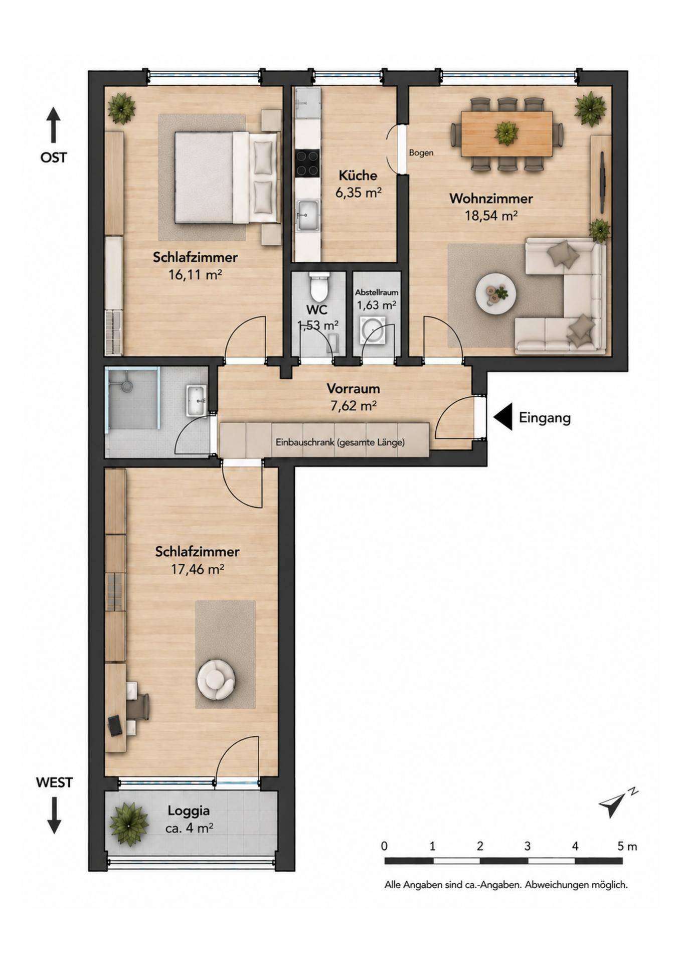 Detaillierter Grundriss einer Wohnung mit Schlafzimmern, Wohnzimmer, Küche und Loggia.