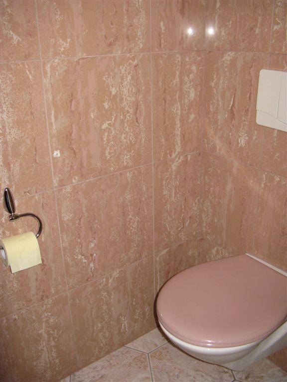 Kleines WC mit rosa-roten Fliesen an Wänden und Boden, ausgestattet mit einer Wandtoilette.