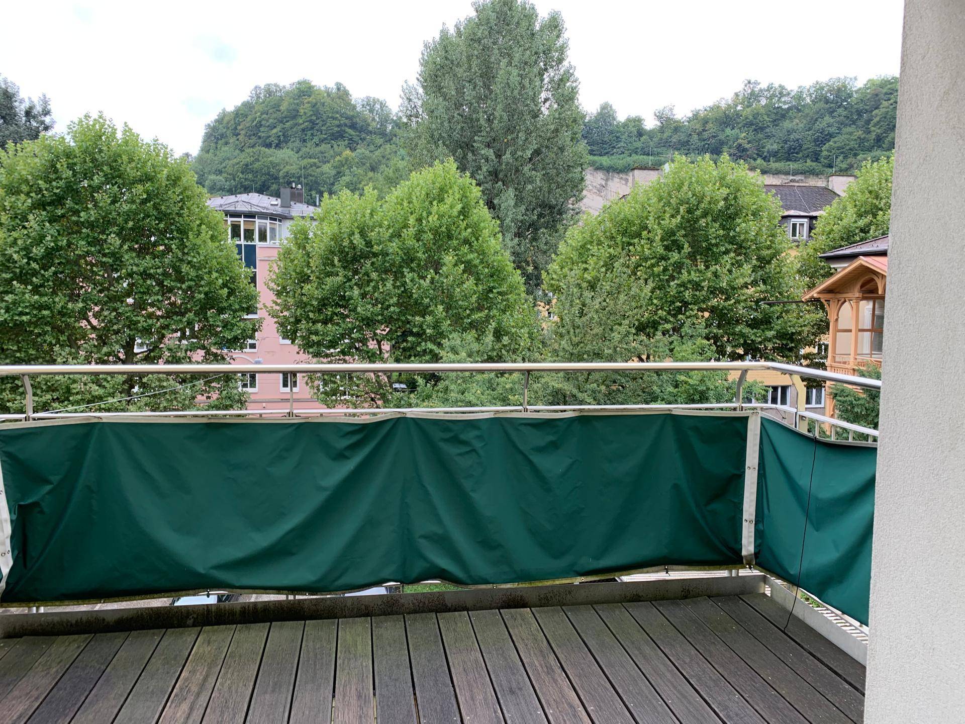 Balkon mit Holzboden, grüner Sichtschutzwand und Blick ins Grüne.