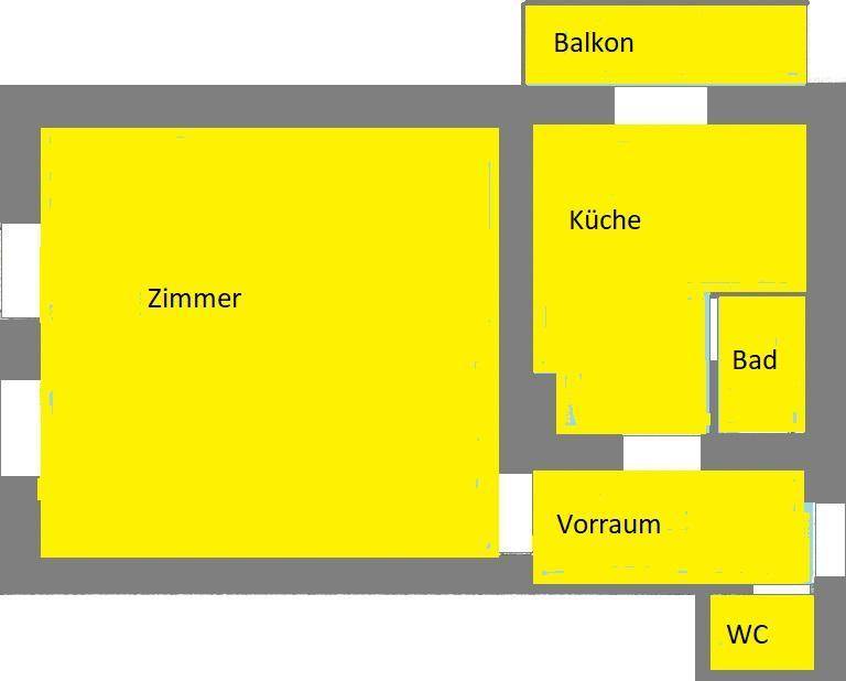 Einfacher Grundriss mit Zimmer, Küche, Bad, Vorraum, WC und Balkon.