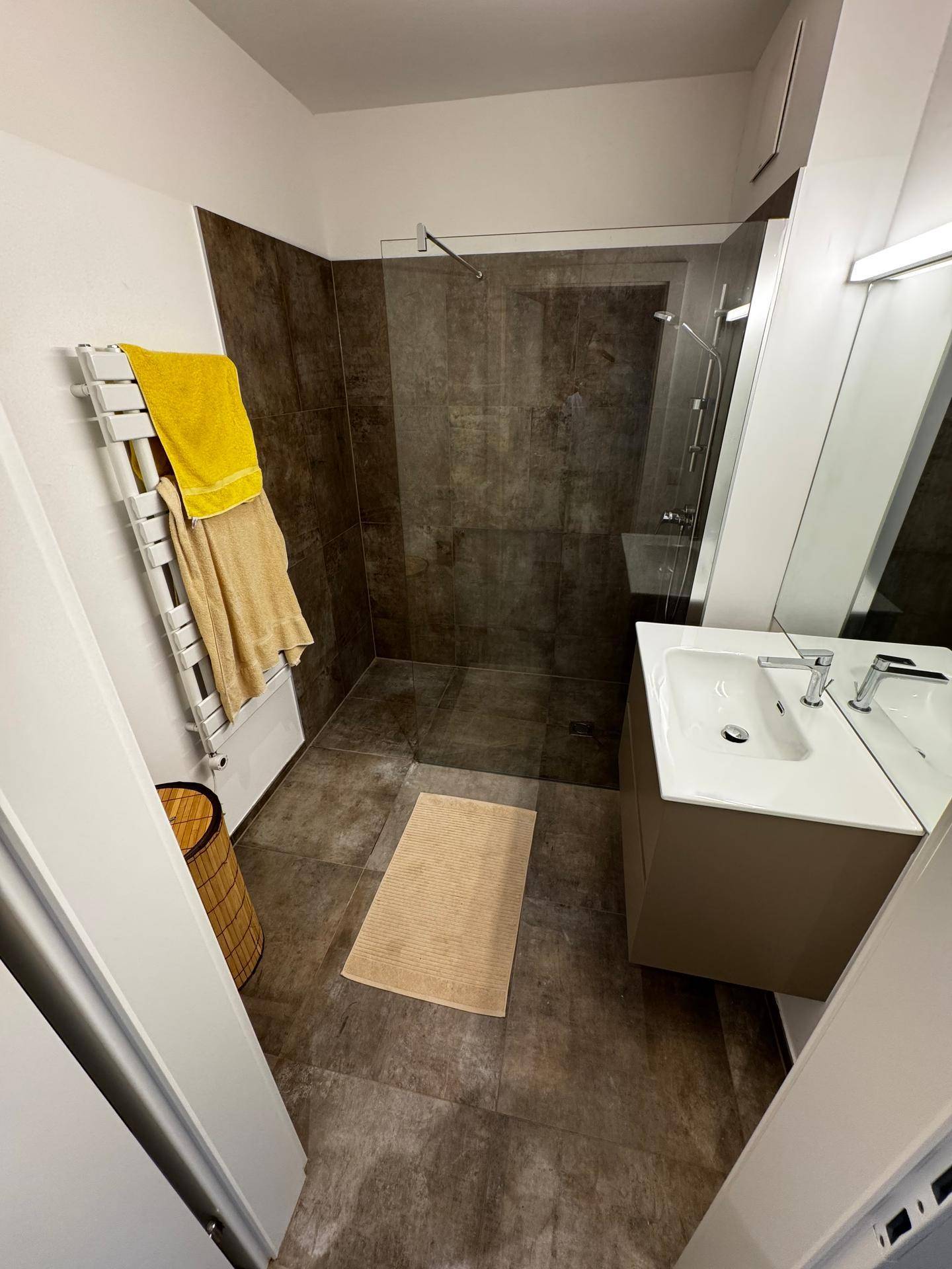 Modernes Badezimmer mit ebenerdiger Dusche, Waschbeckenunterschrank und beheiztem Handtuchhalter.