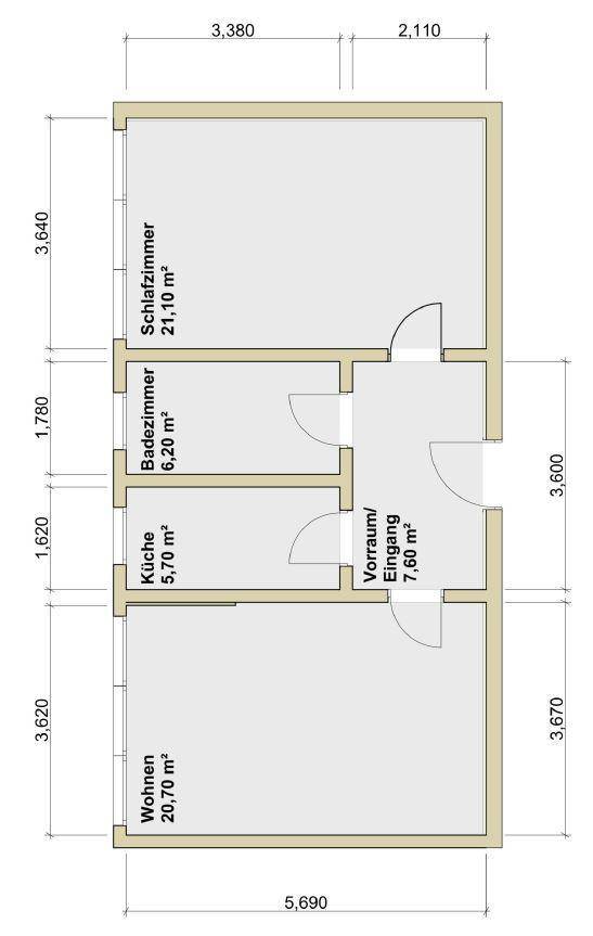Grundriss der Wohnung mit Schlafzimmer, Bad, Küche, Vorraum und Wohnzimmer.