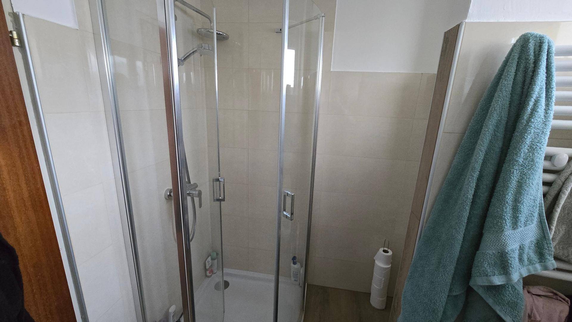 Duschkabine im Badezimmer mit Glaswänden und Handtuchheizkörper, praktisch und hell durch die Fliesen.