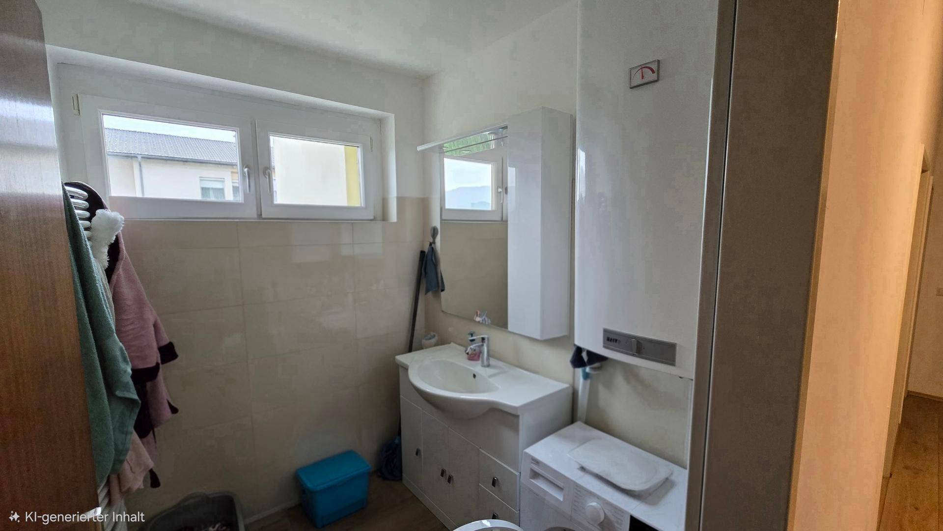 Badezimmer mit Fenster, Waschbeckenunterschrank und Waschmaschine, hell gefliest und funktional eingerichtet.
