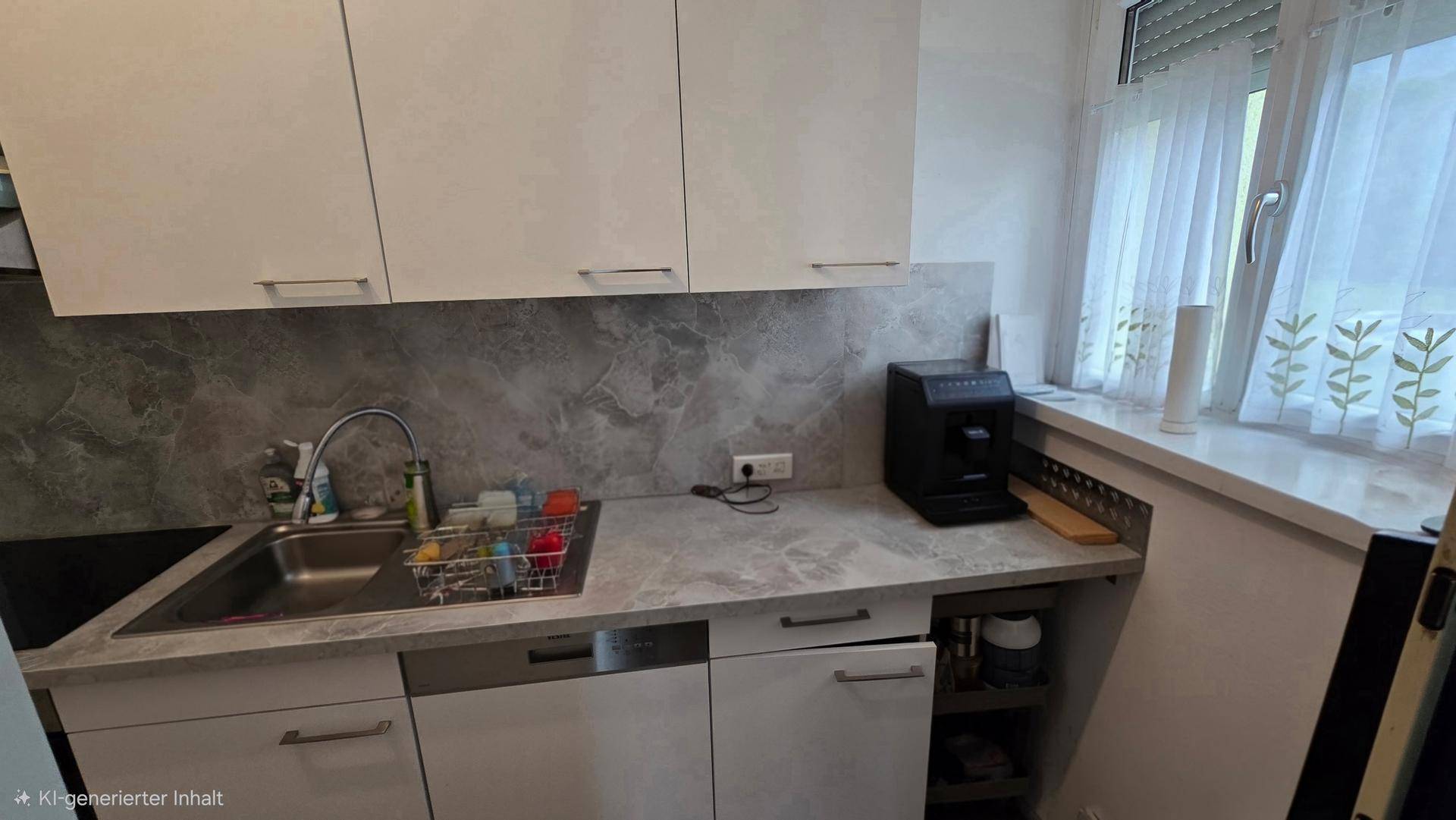 Moderne Einbauküche mit hellgrauen Arbeitsplatten, weißen Schränken und einem Fenster, gut ausgestattet.