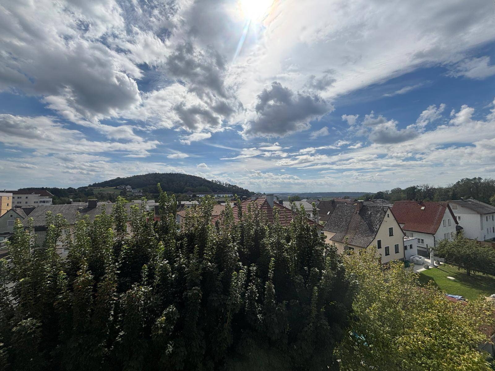 Weitläufiger Ausblick über eine grüne Landschaft mit Häusern und einem Hügel am Horizont.
