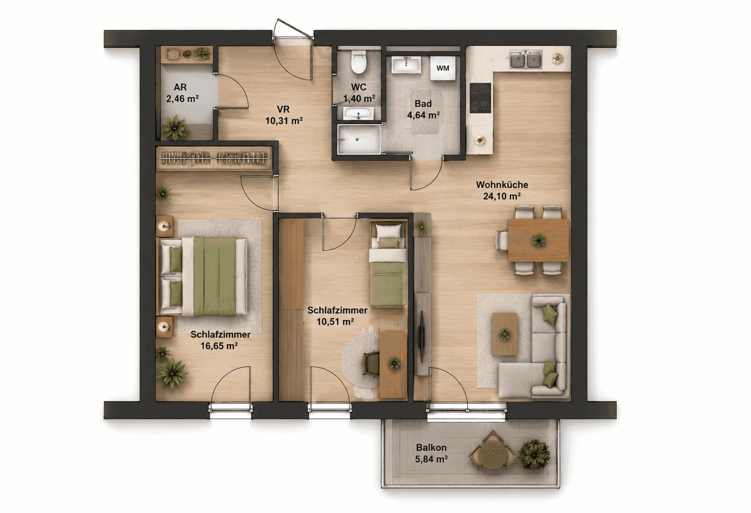 Moderner Grundriss mit zwei Schlafzimmern, offener Wohnküche und Balkon.