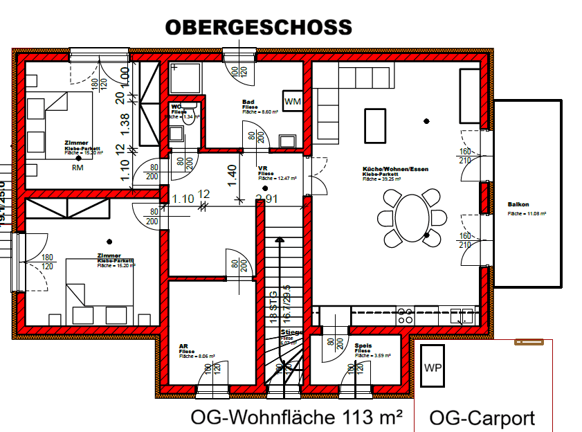 Grundriss des Obergeschosses mit Schlafzimmern, Bad, WC, Wohnbereich und Balkon.