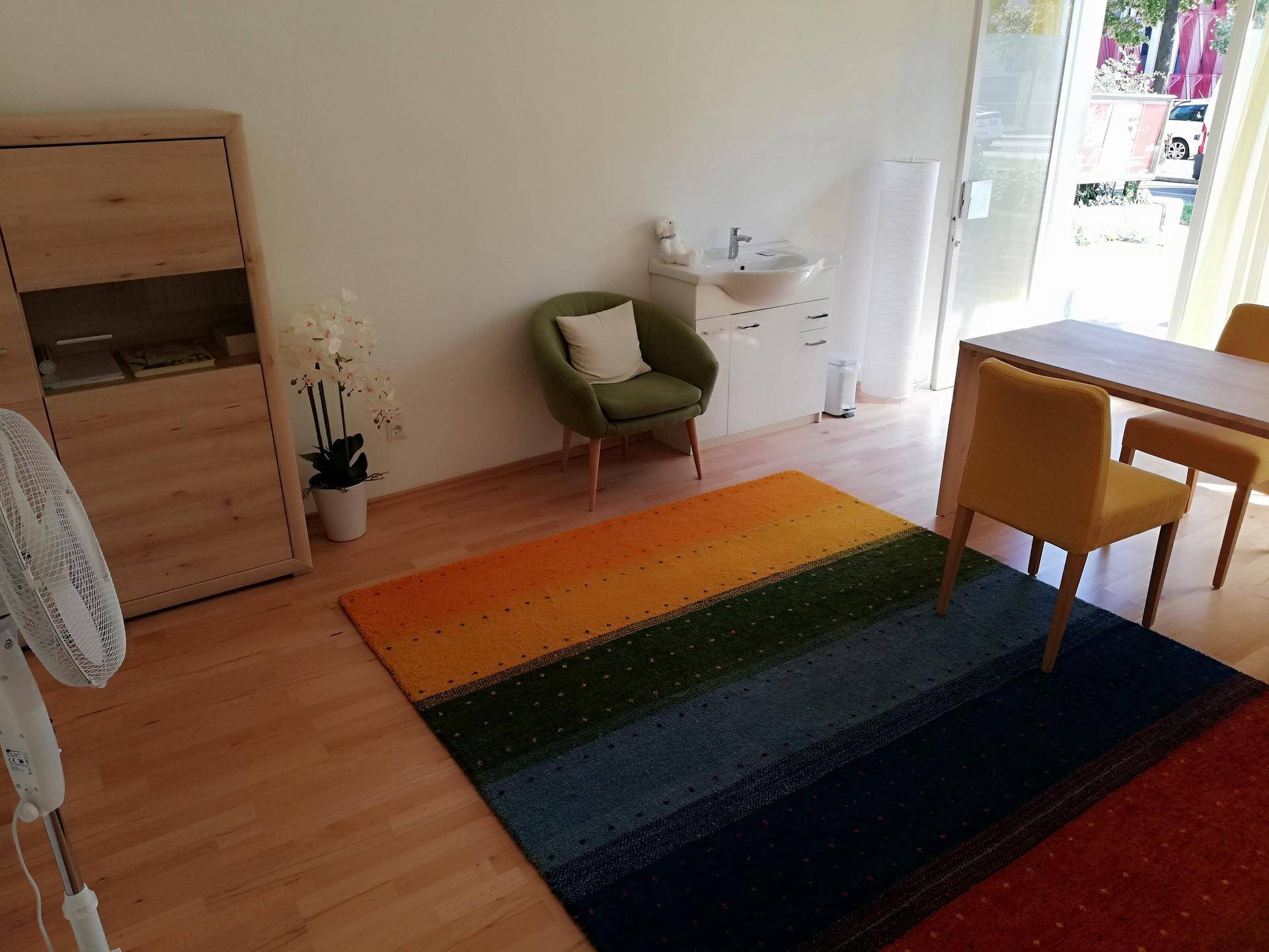 Heller Raum mit Holzboden, einem bunten Teppich, einem Tisch mit Stühlen und einem Waschbecken.