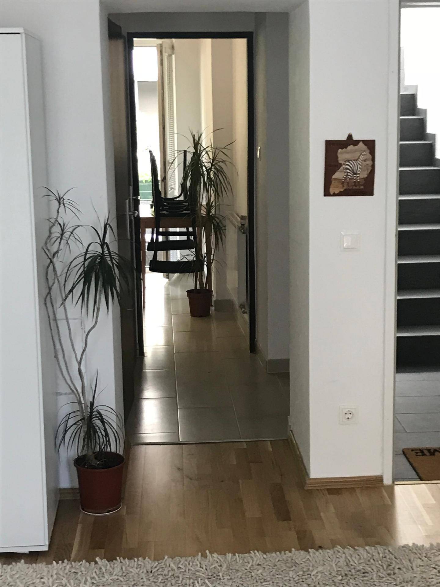 Langer Flur mit Holzboden, der zu weiteren Räumen und einer Treppe führt.