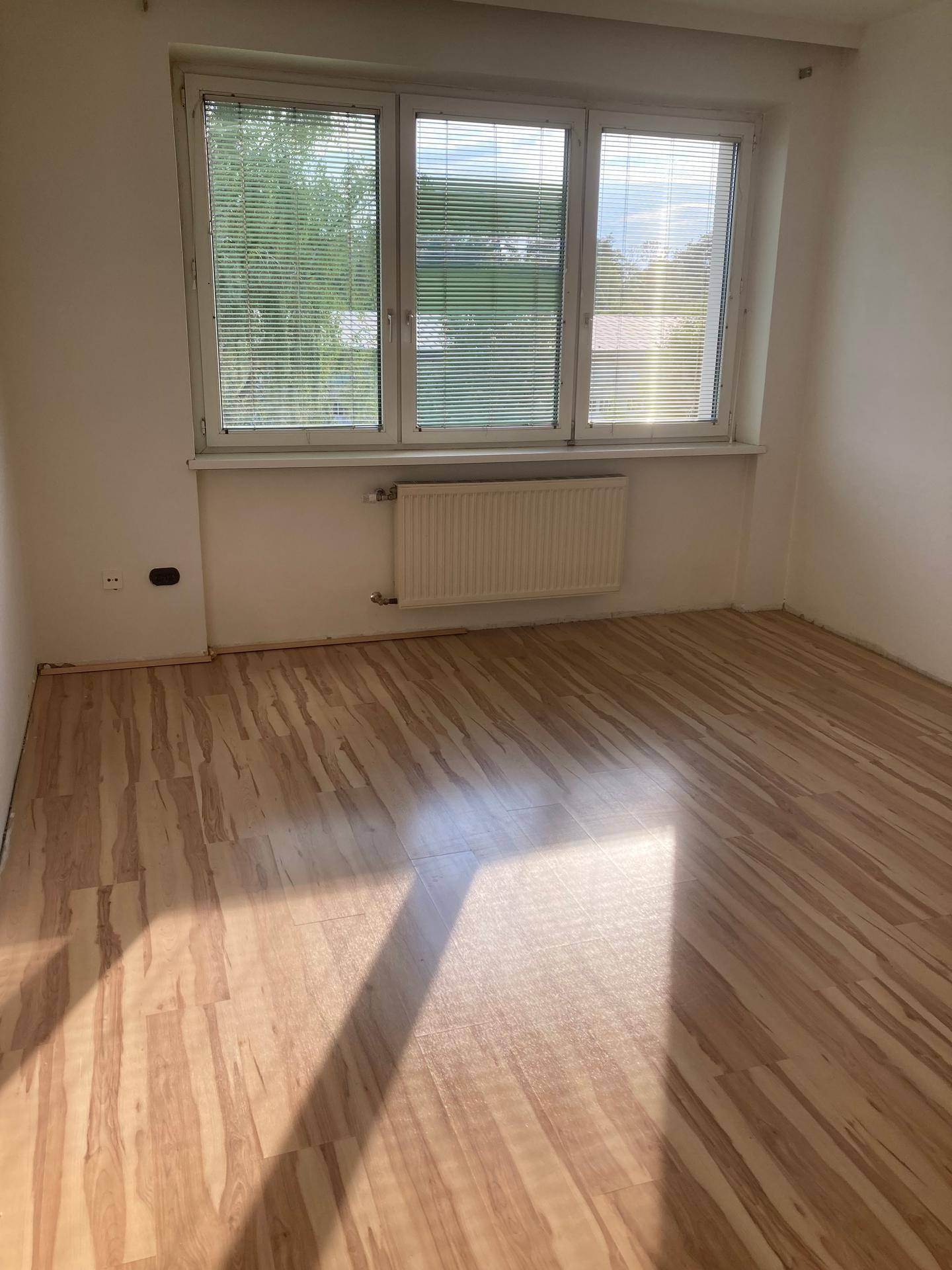 Lichtdurchfluteter Raum mit großen Fenstern, Jalousien und hellem Laminatboden.