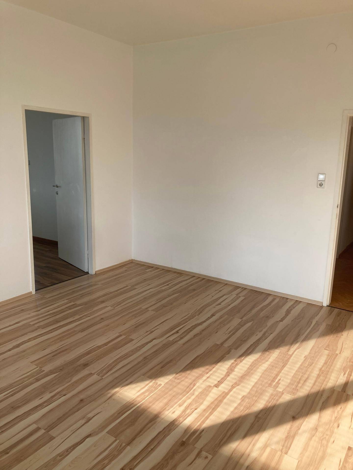 Geräumiger, heller Raum mit Laminatboden und zwei Türen zu angrenzenden Zimmern.