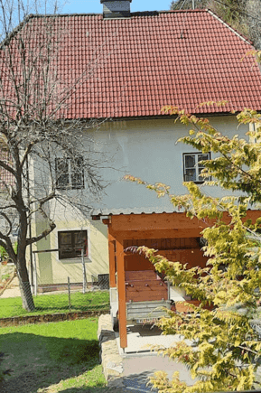 Seitenansicht des Hauses mit einem überdachten Holzunterstand und angrenzendem Gartenbereich.