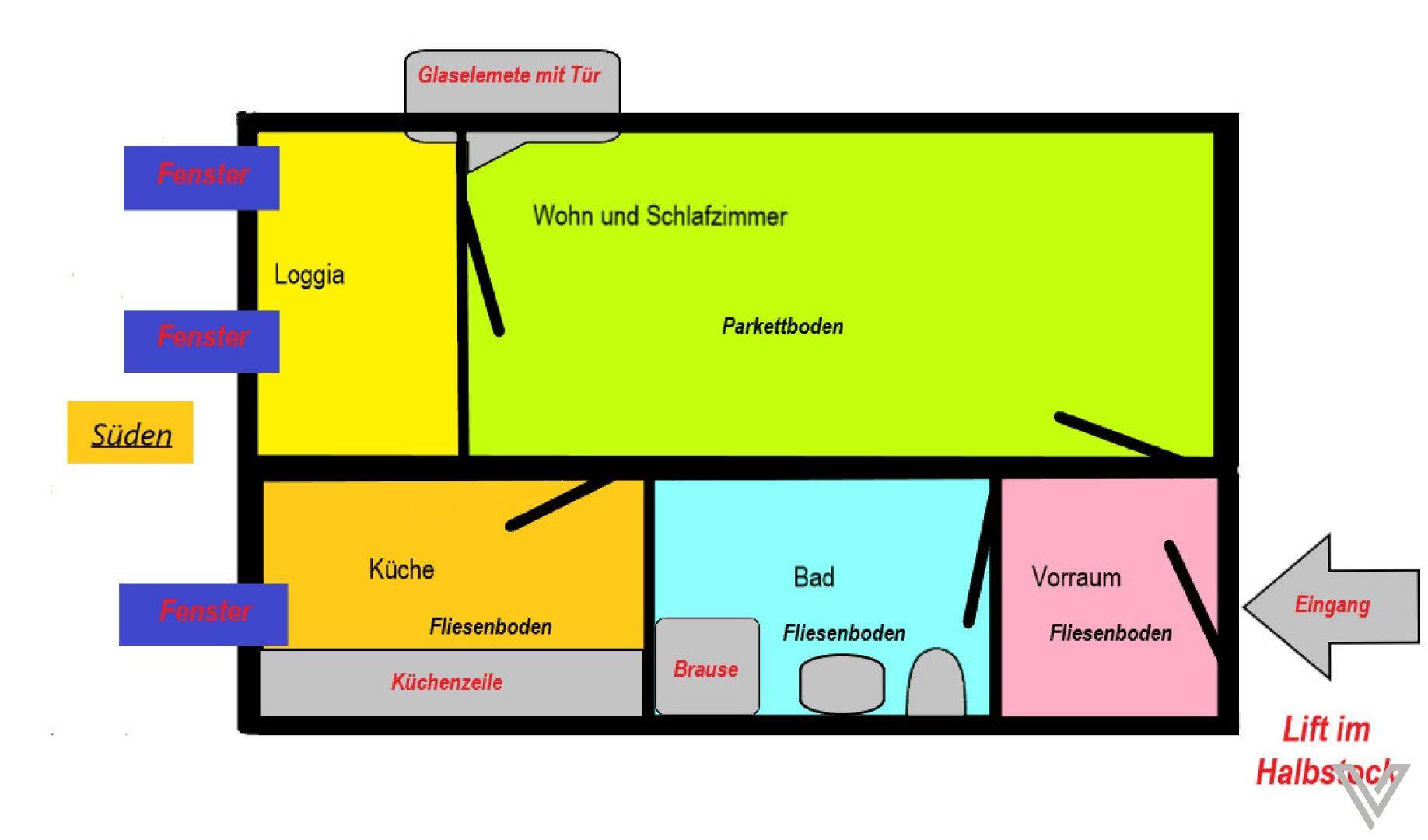 Übersichtlicher Grundriss der Wohnung mit kombiniertem Wohn- und Schlafzimmer, Küche und Loggia.