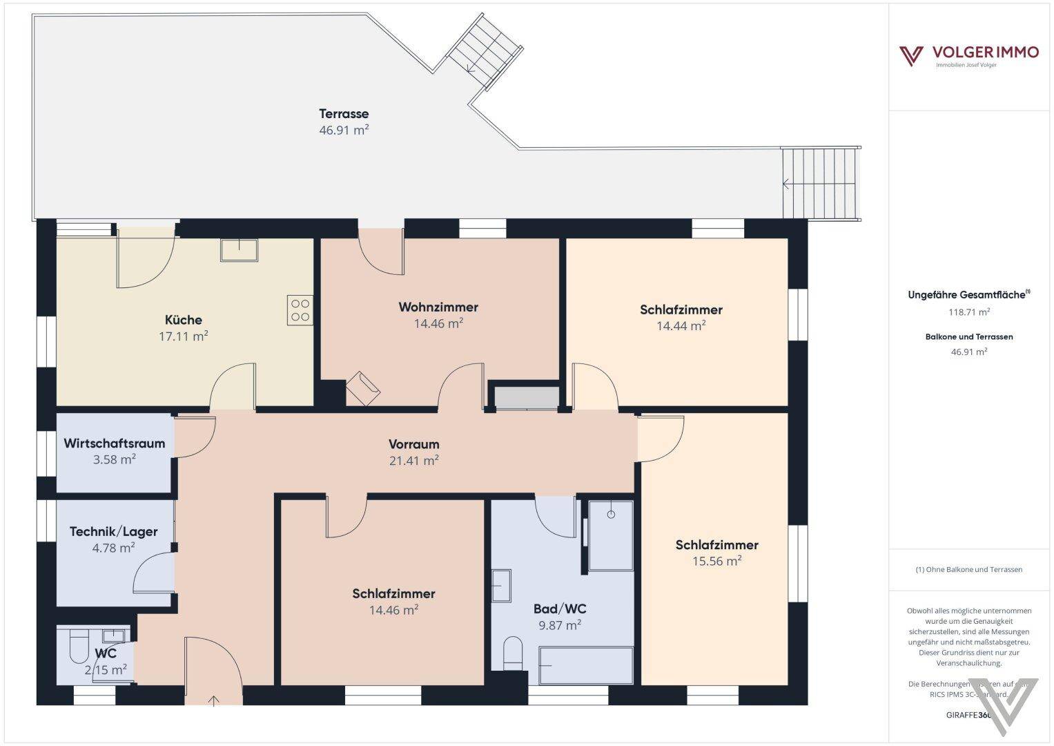 Detaillierter Grundriss der Wohnung mit Terrasse, Küche, Wohnzimmer und drei Schlafzimmern.