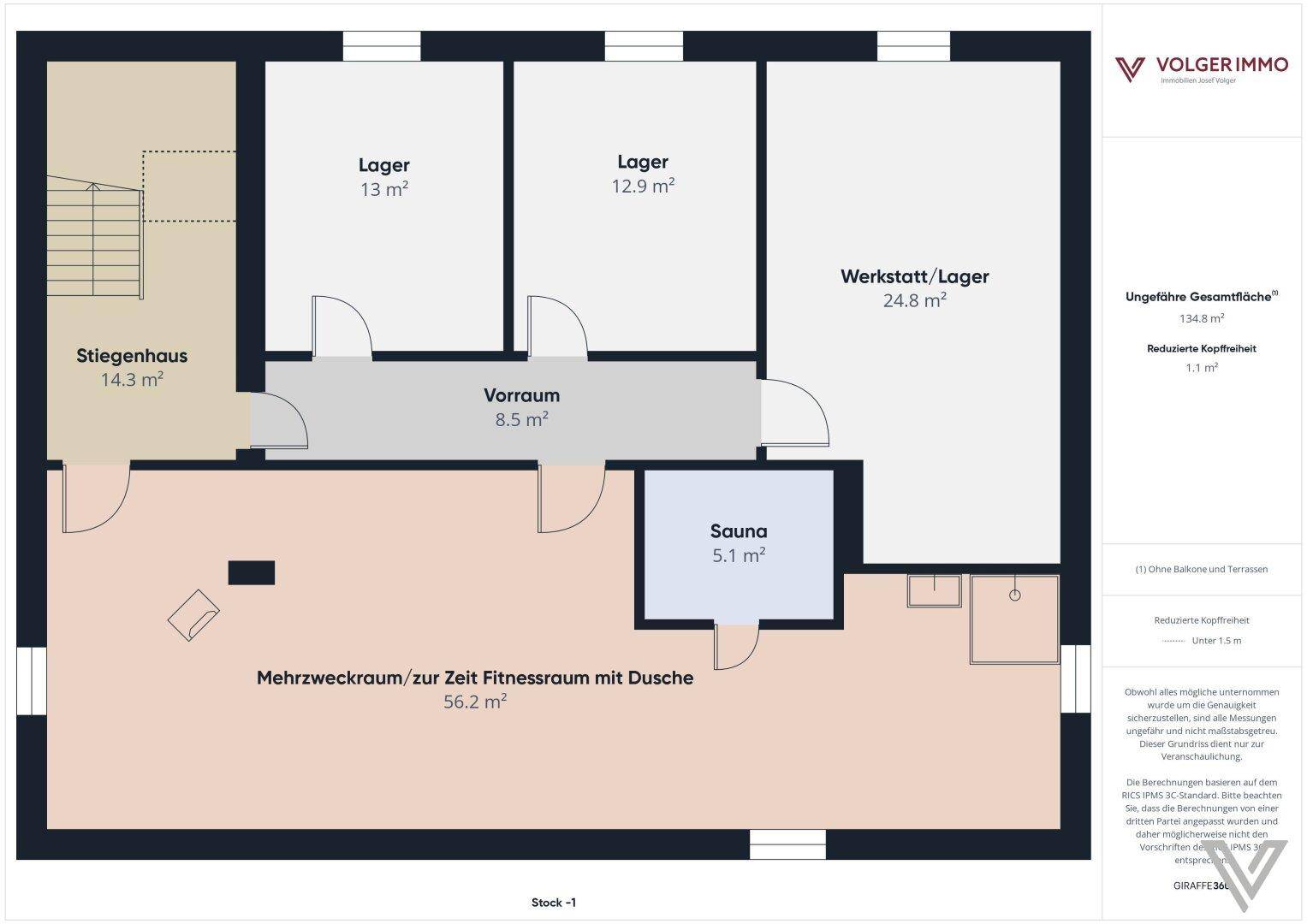 Grundriss des Untergeschosses mit Sauna, Mehrzweckraum und Lagerräumen.