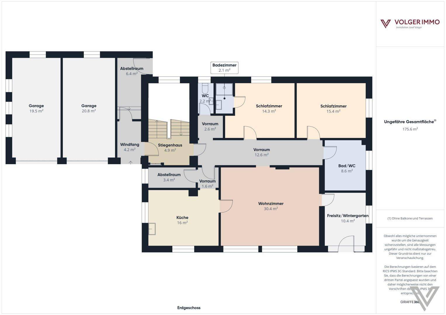 Grundriss des Erdgeschosses mit Garage, Wohnzimmer, Küche und Schlafzimmern.