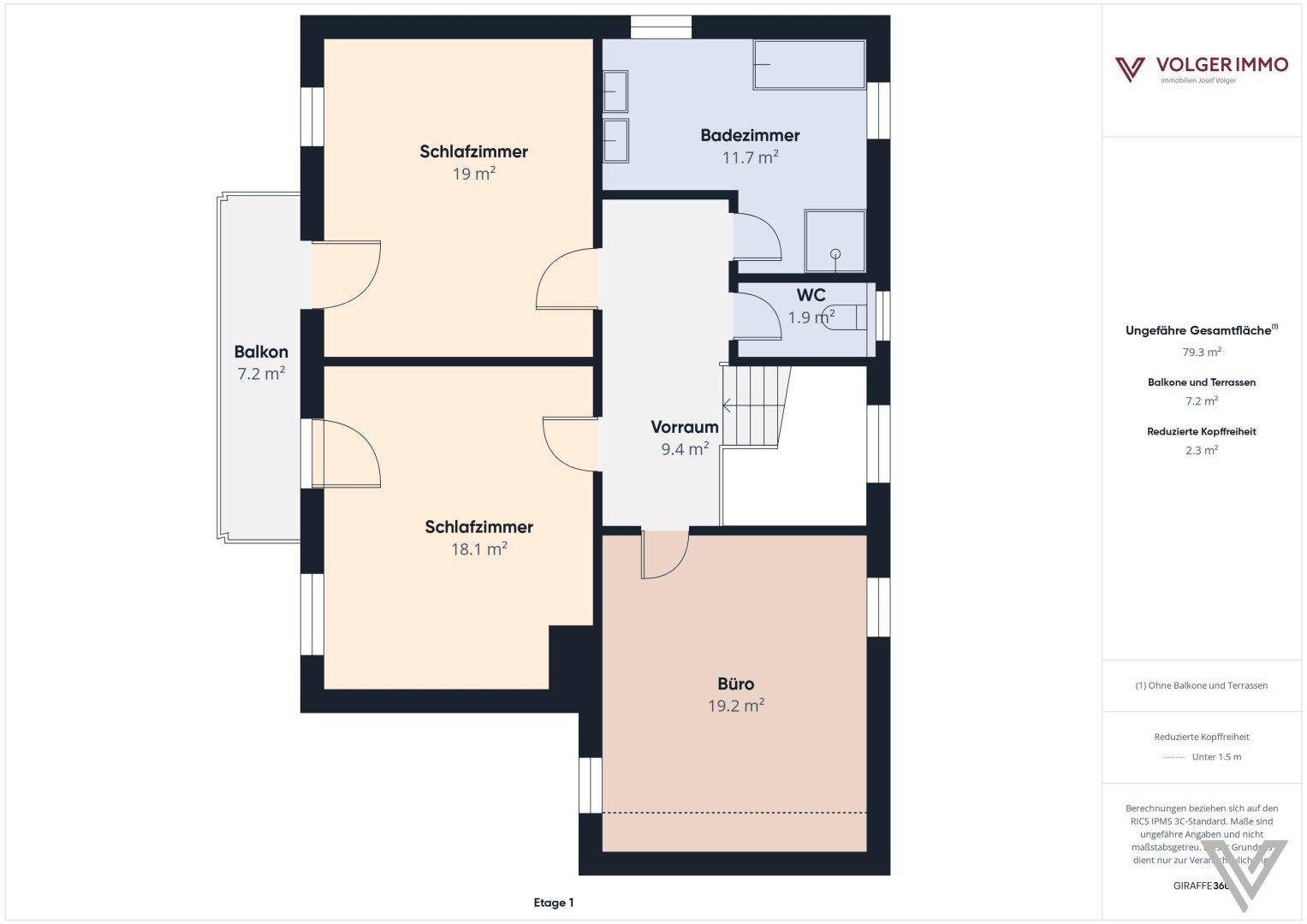 Grundriss der ersten Etage mit zwei Schlafzimmern, einem Büro, Badezimmer und separatem WC.