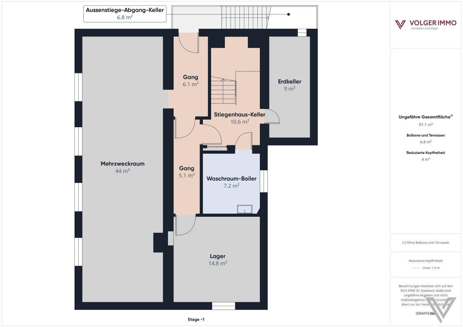 Grundriss des Untergeschosses mit Mehrzweckraum, Erdkeller, Waschraum und Lagerflächen.