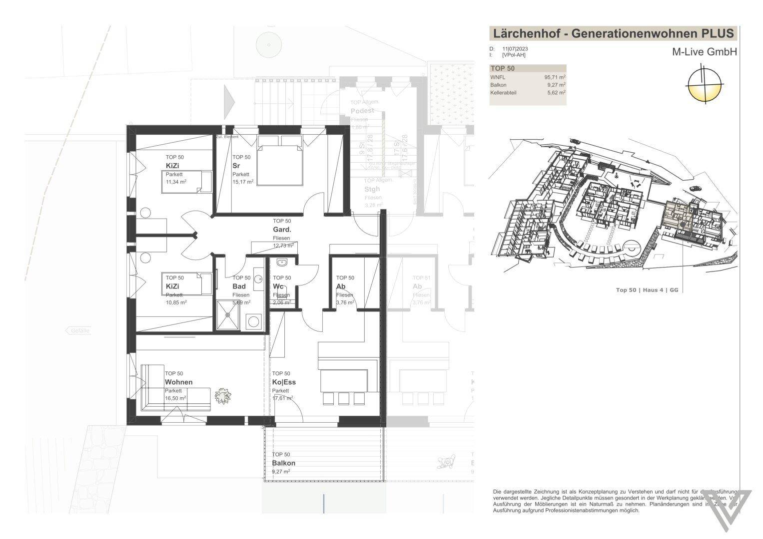 Grundriss für TOP 50 mit Wohn-Essbereich, Schlafzimmer und Balkon.