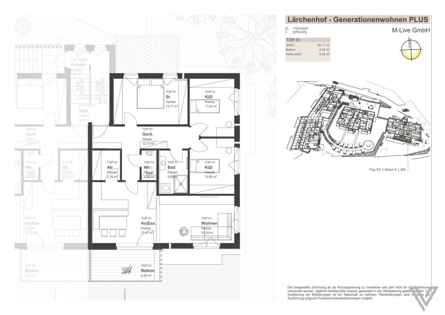 Grundriss für TOP 51 mit offenem Wohnbereich, Schlafzimmer und Balkon.