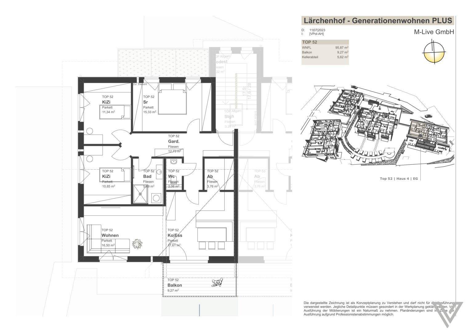 Grundriss für TOP 52 mit Wohn-Essbereich, Schlafzimmer und Balkon.