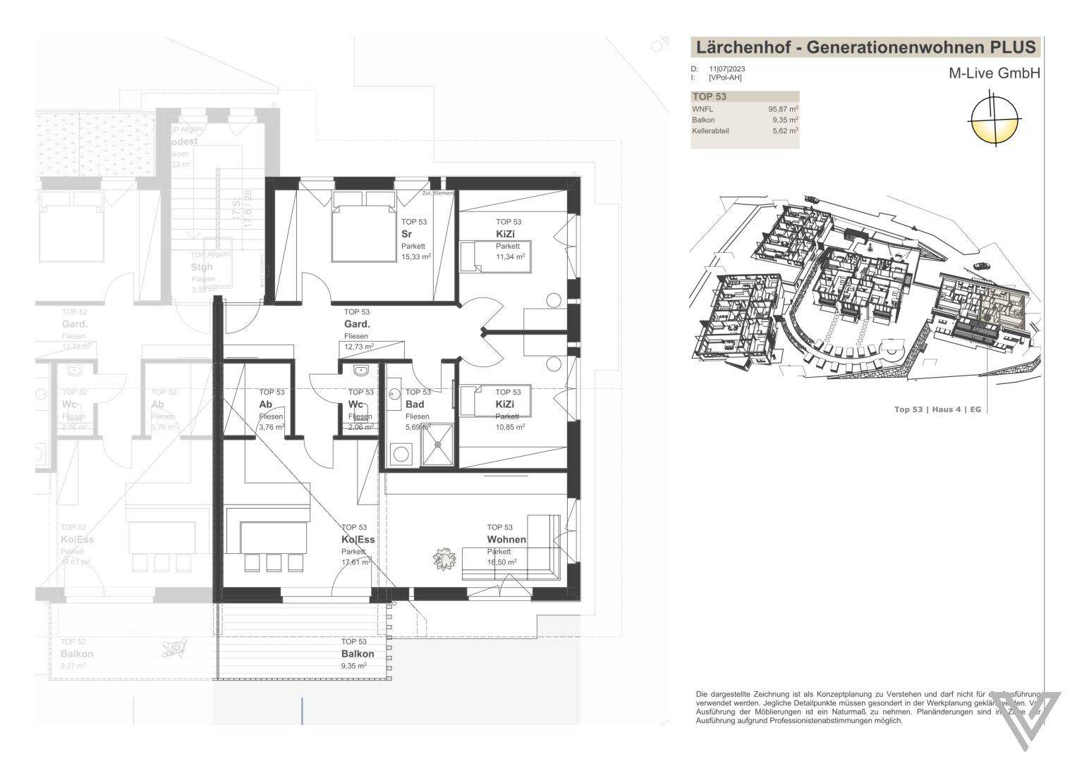 Grundriss für TOP 53 mit offenem Wohnbereich, Schlafzimmer und Balkon.
