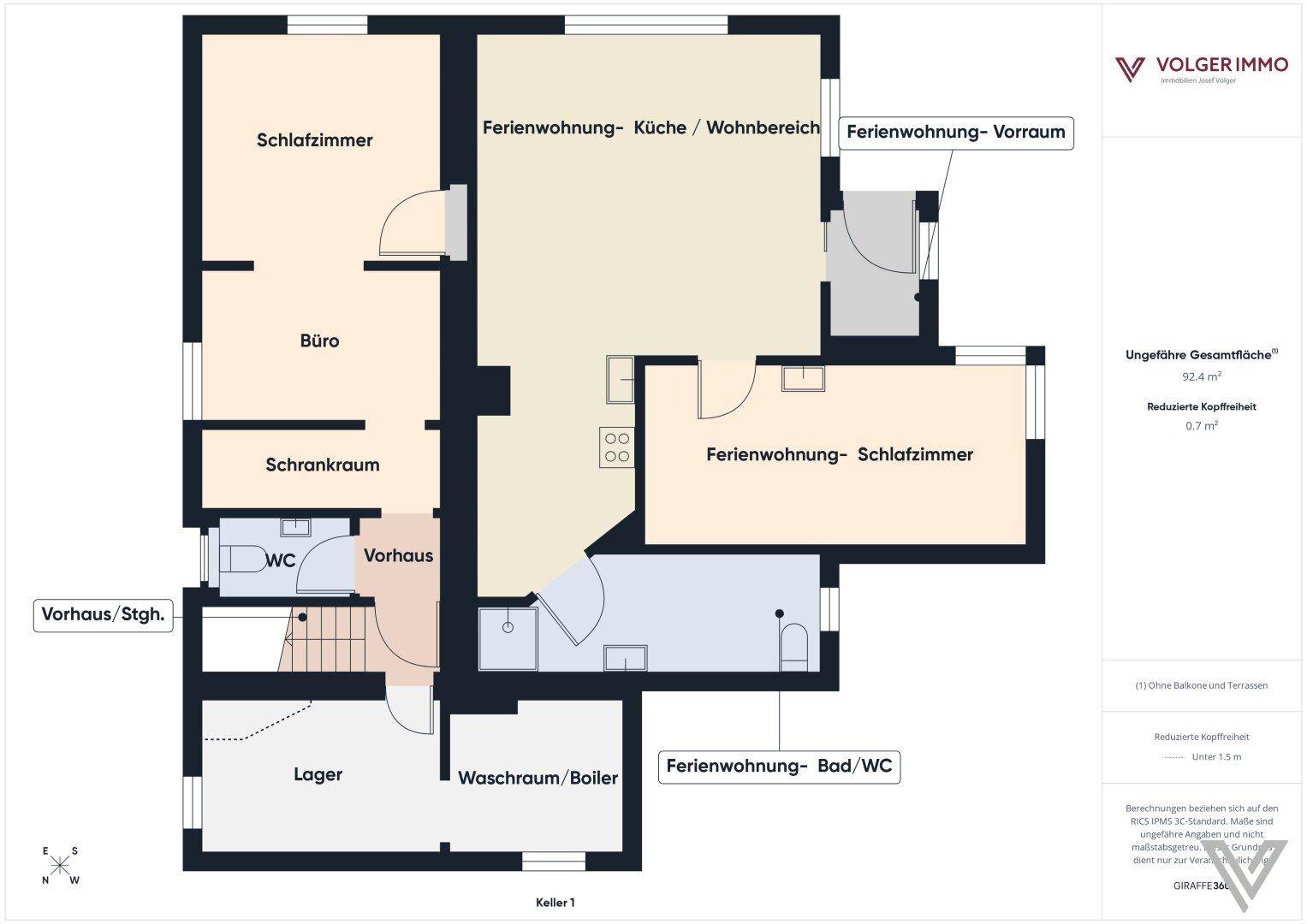 Grundriss des Kellergeschosses mit Ferienwohnung, Lagerraum, Waschraum und Büro.