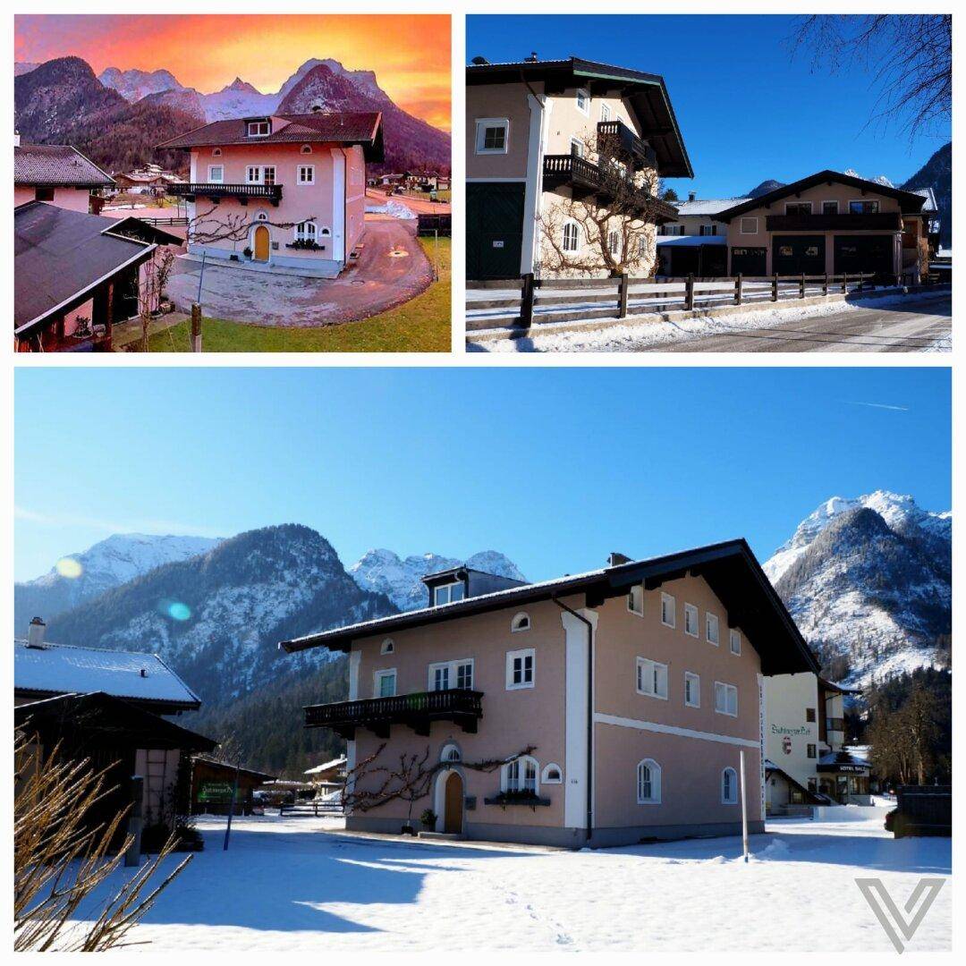 Collage von Außenansichten des Hauses im Winter mit verschneiten Bergen und klarem Himmel.