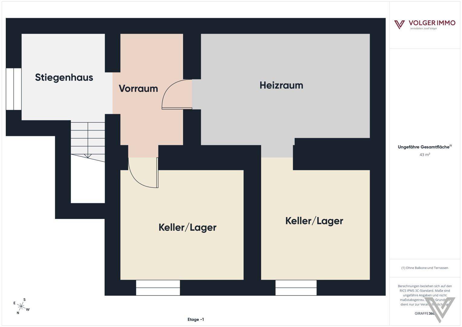 Grundriss des Untergeschosses mit Keller, Heizraum und Vorraum.