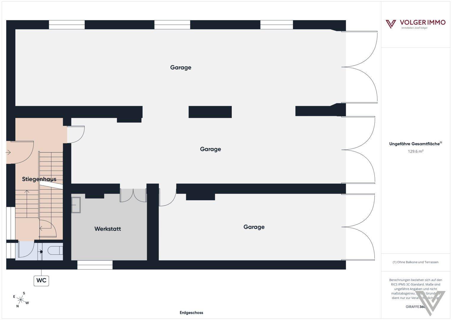 Grundriss des Erdgeschosses mit mehreren Garagenplätzen, Werkstatt und WC.