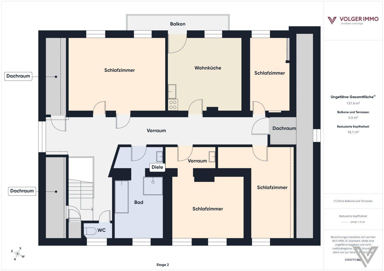 Grundriss der zweiten Etage mit Schlafzimmern, Wohnküche, Bad und Balkon.
