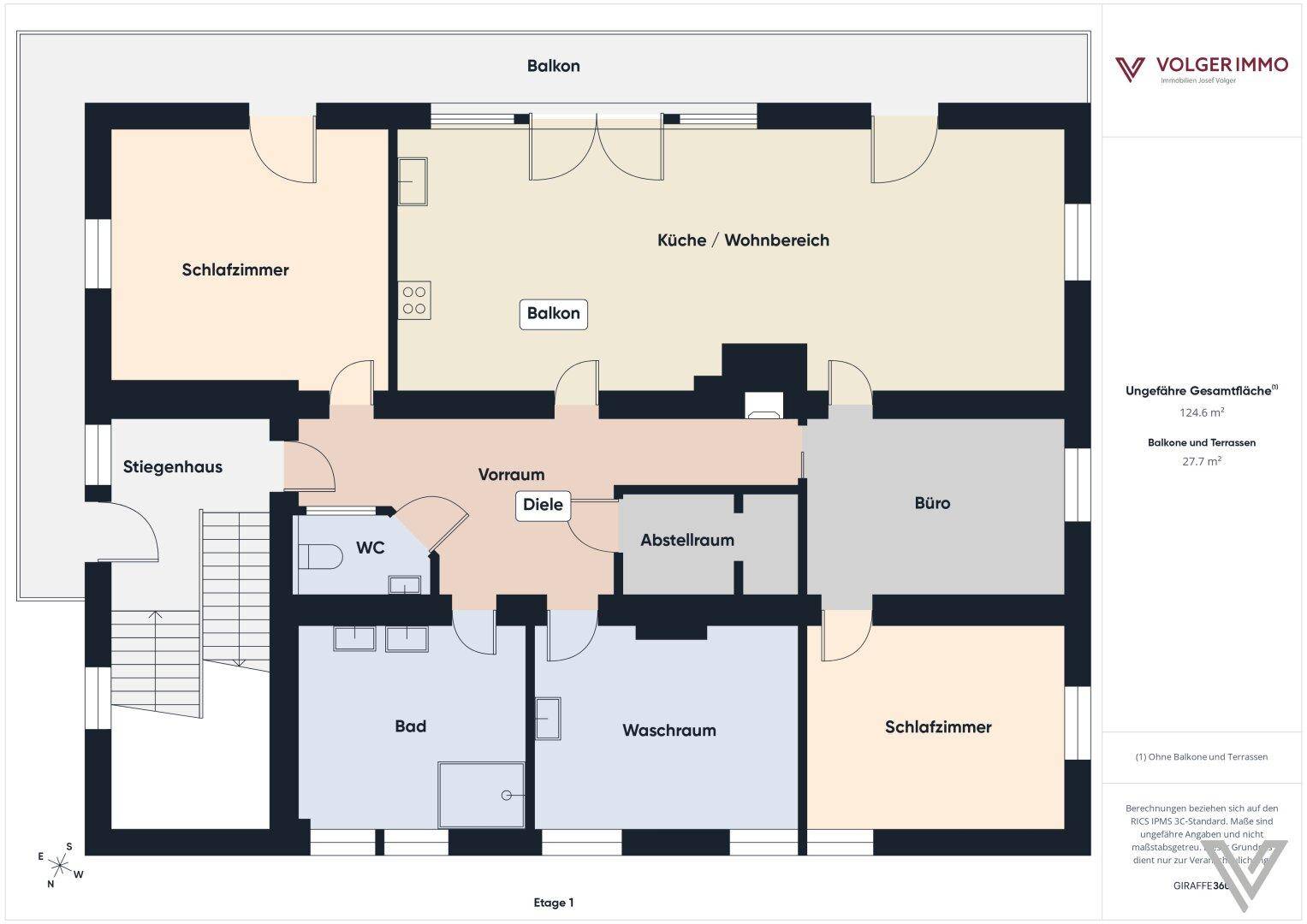 Grundriss der ersten Etage mit Küche, Wohnbereich, Büro, Bad und Balkon.