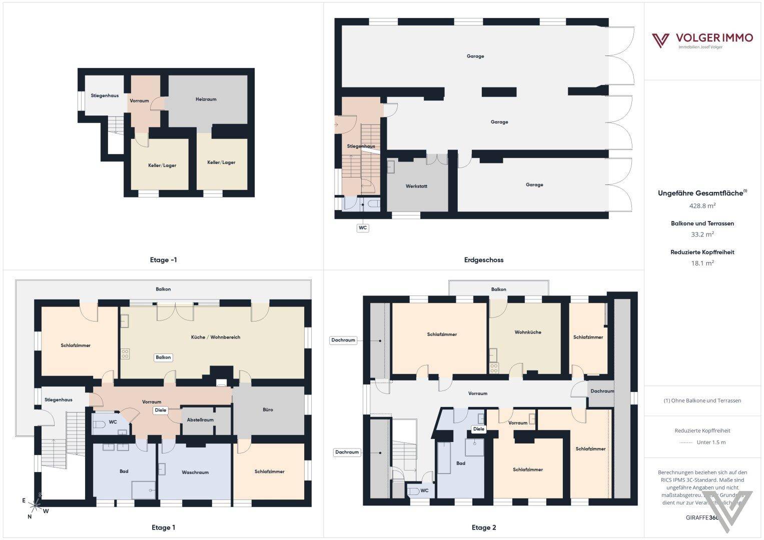 Gesamtübersicht der Grundrisse für Keller, Erdgeschoss, erste und zweite Etage.