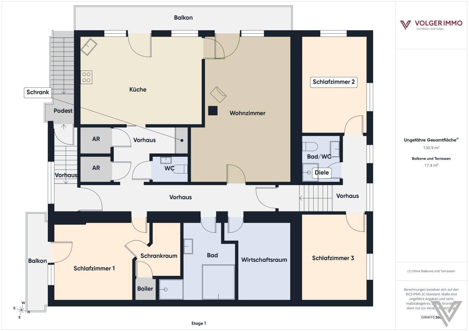 Grundriss der ersten Etage mit Küche, Wohnzimmer, Schlafzimmern, Bad und Balkon.