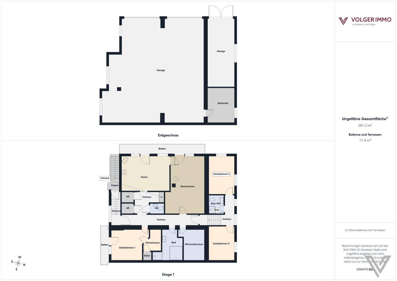 Übersicht der Grundrisse für Erdgeschoss und erste Etage mit Garage und Wohnbereich.