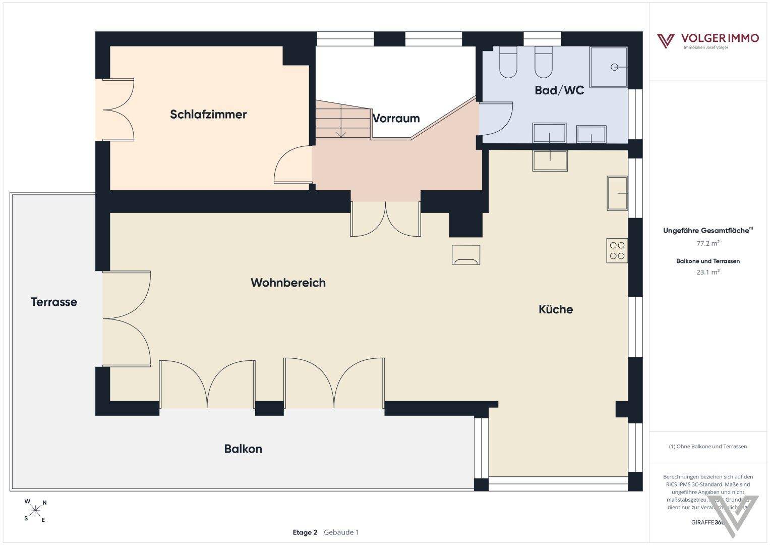 Grundriss der zweiten Etage mit Wohnbereich, Küche, Schlafzimmer und Terrasse.