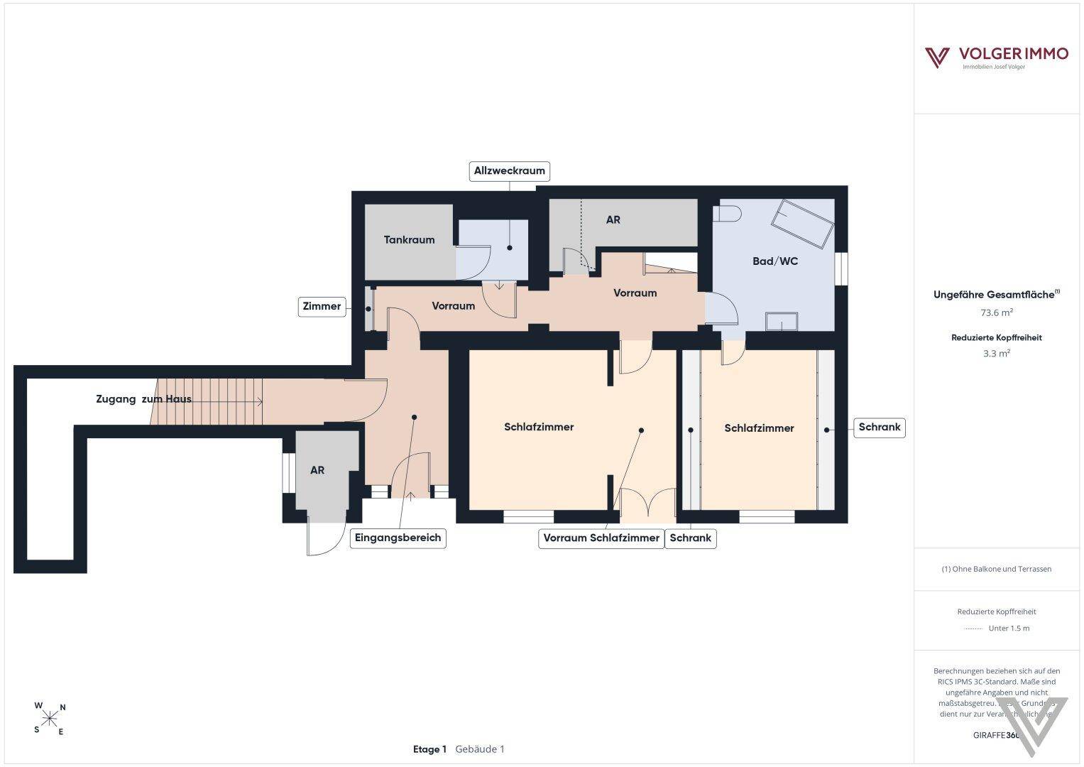 Grundriss der ersten Etage mit zwei Schlafzimmern, Bad und Eingangsbereich.