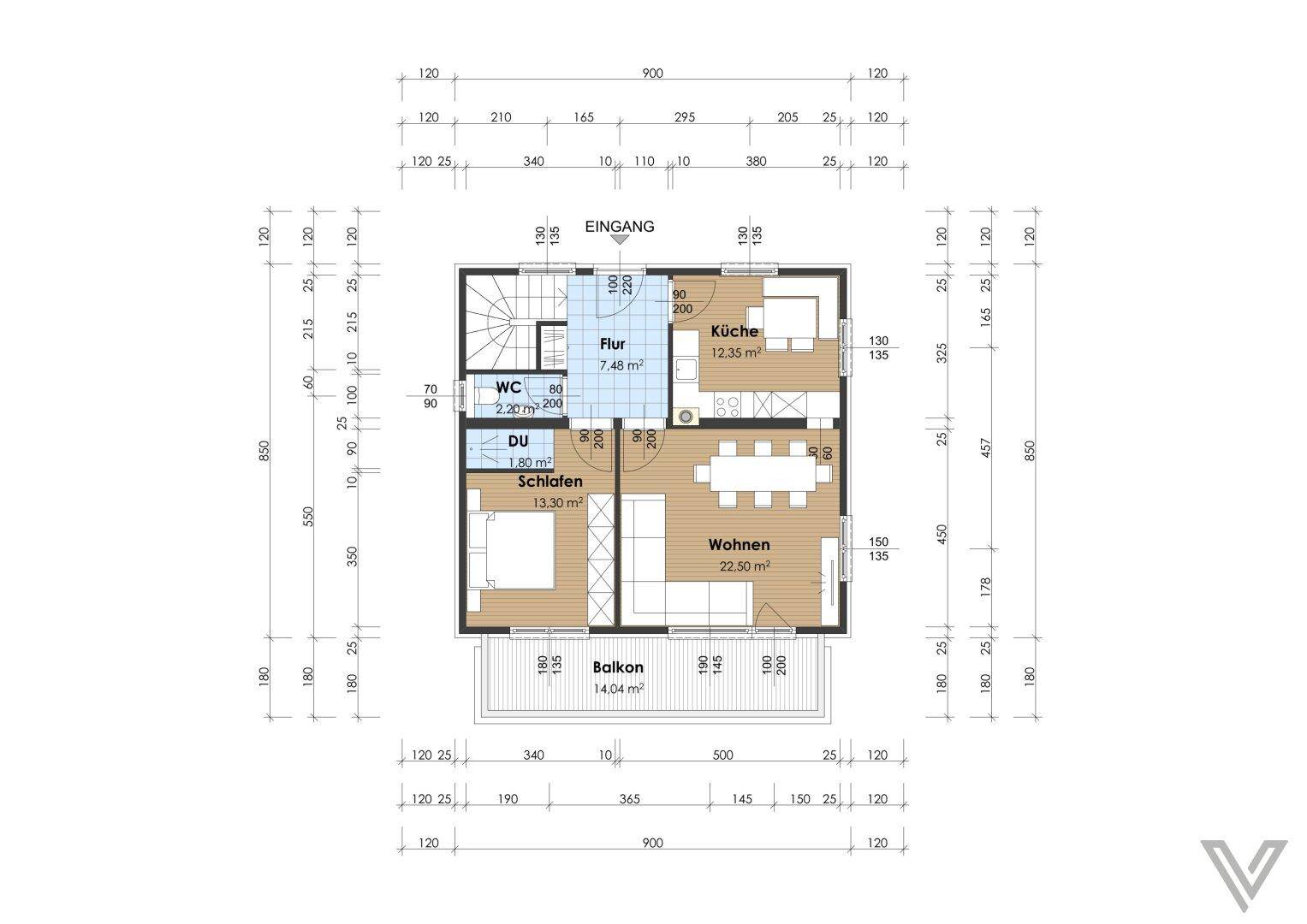 Grundriss der Wohnung mit Wohnbereich, Küche, Schlafzimmer und Balkon.