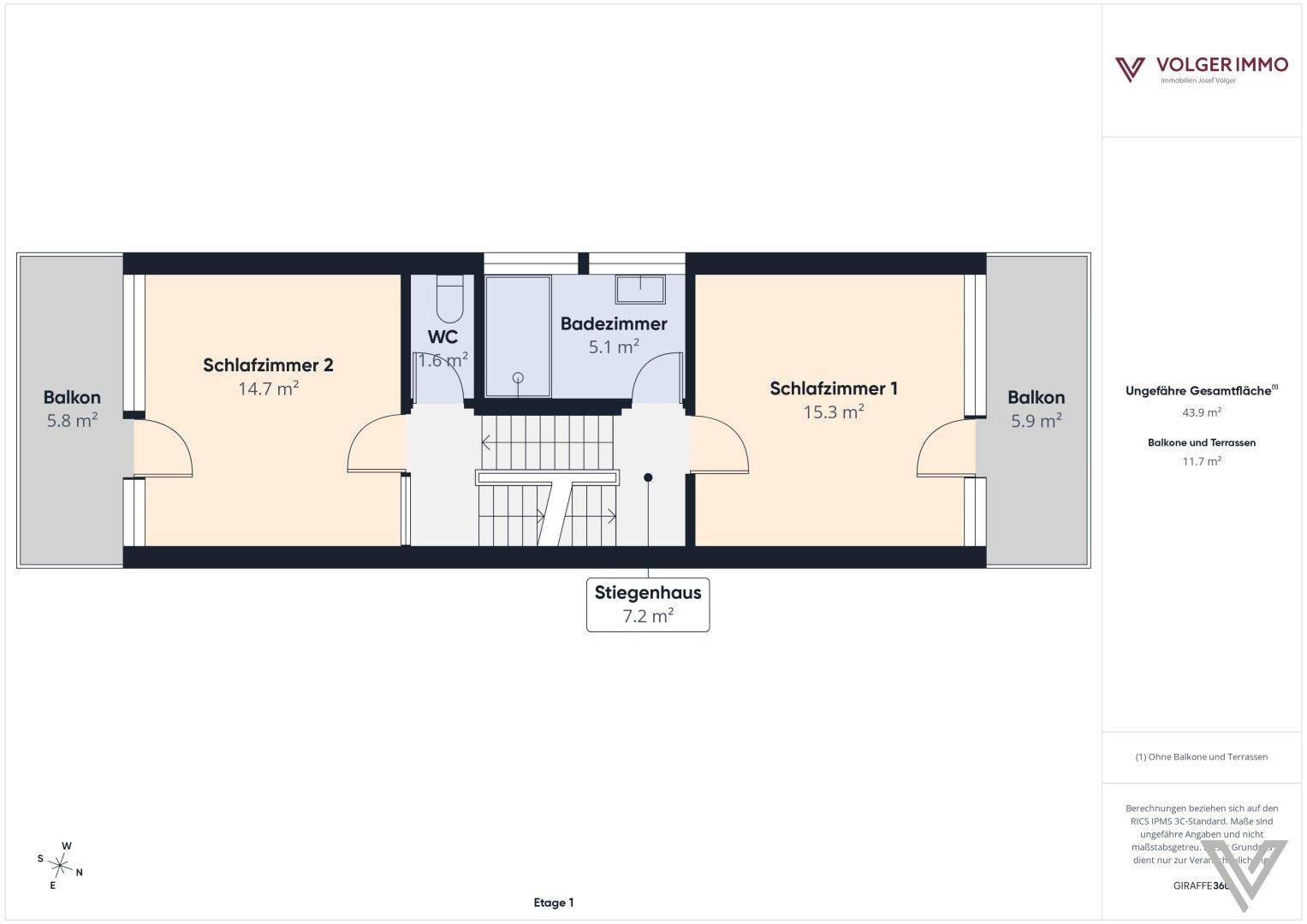 Grundriss der ersten Etage mit zwei Schlafzimmern, Bad, WC und zwei Balkonen.