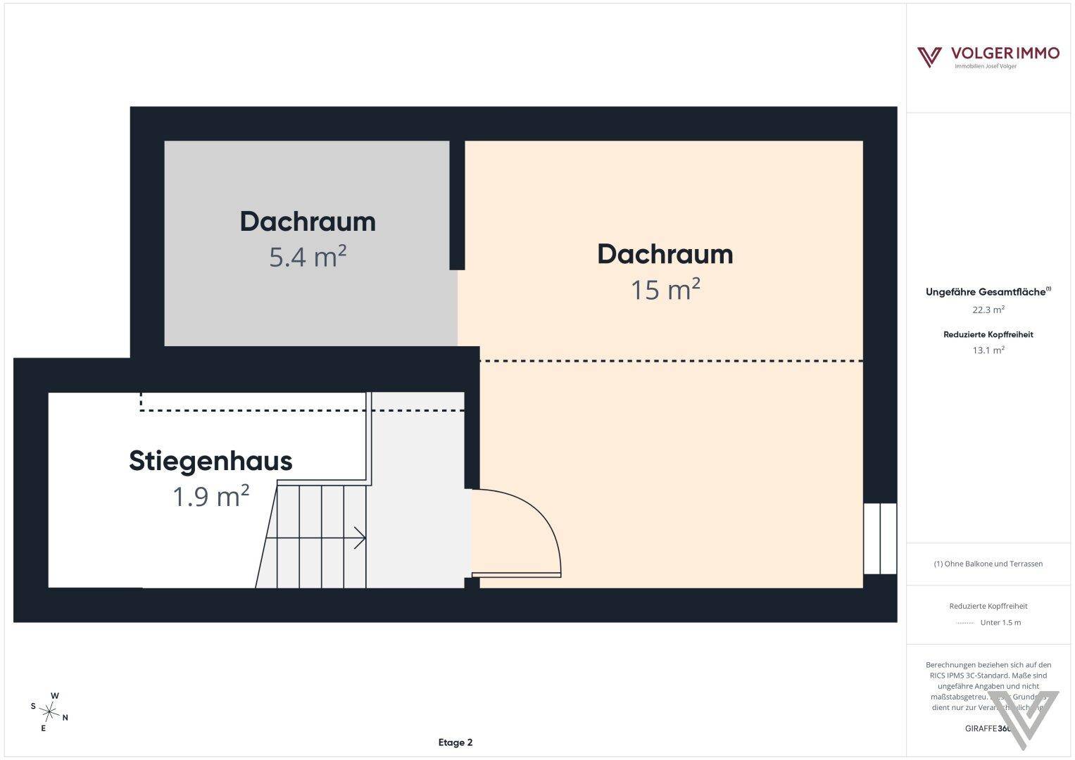 Grundriss der zweiten Etage mit Dachräumen und Treppenhaus.