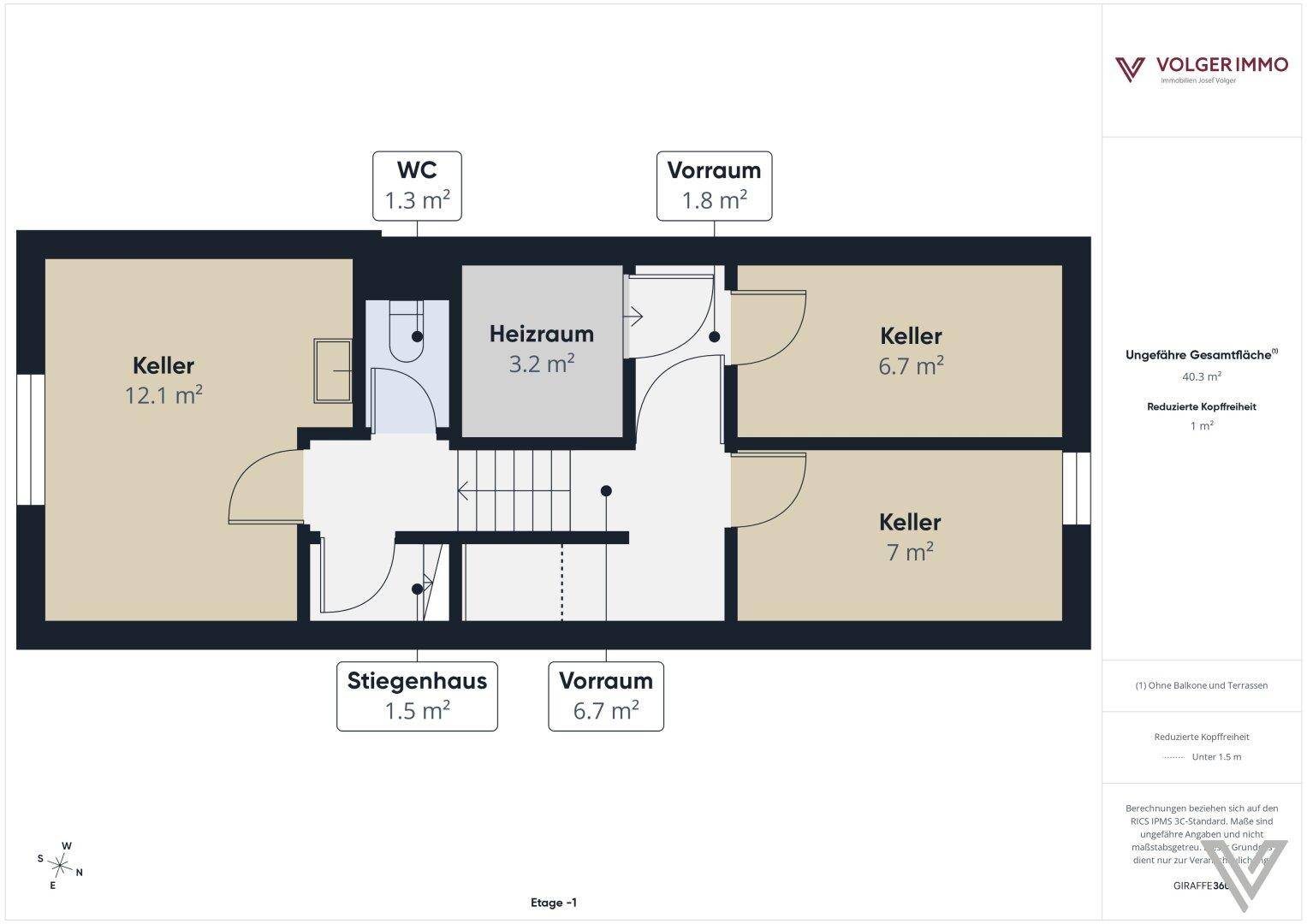 Grundriss des Untergeschosses mit Kellerräumen, Heizraum und WC.