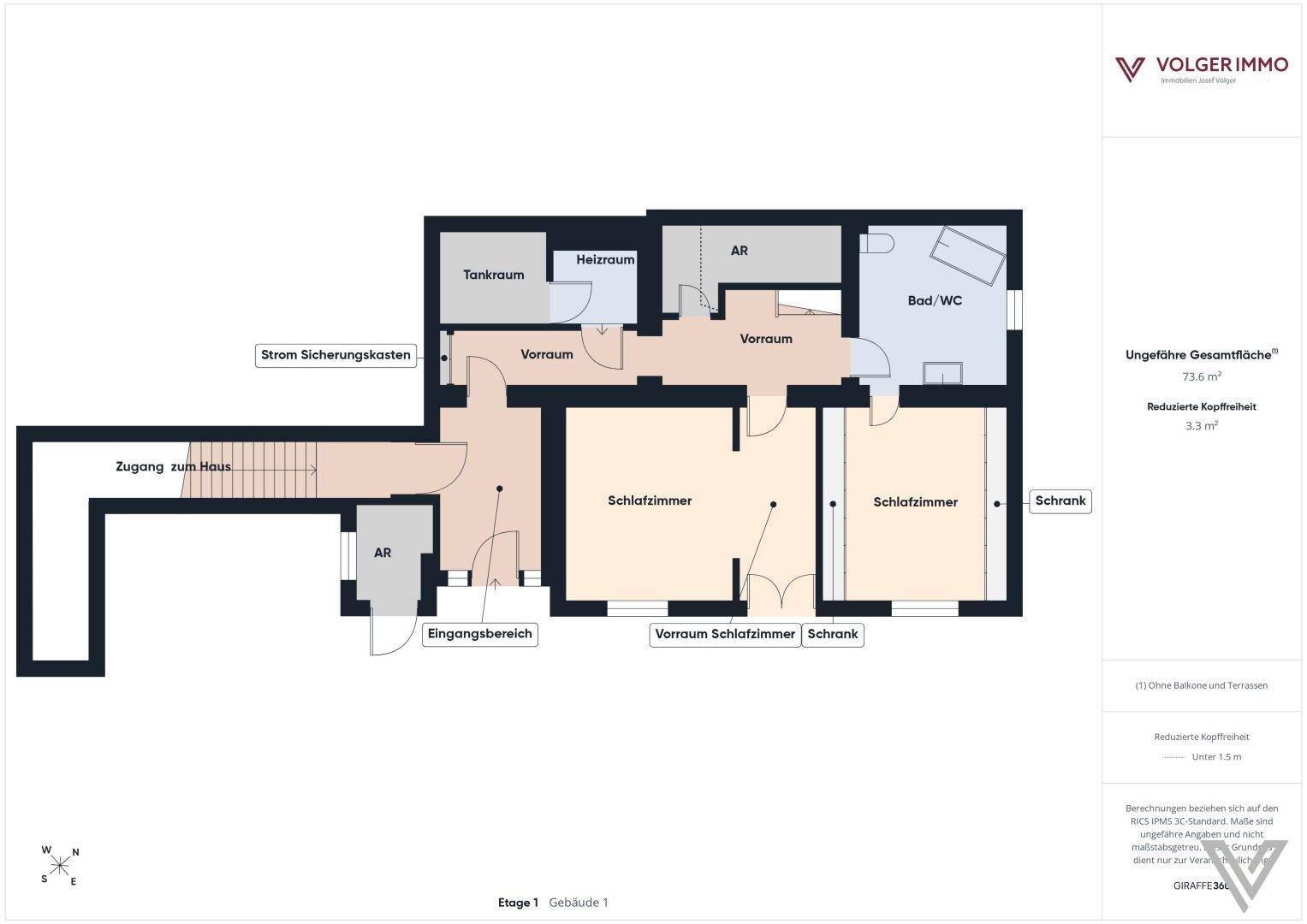 Grundriss der ersten Etage von Gebäude 1 mit zwei Schlafzimmern, Bad und Heizraum.